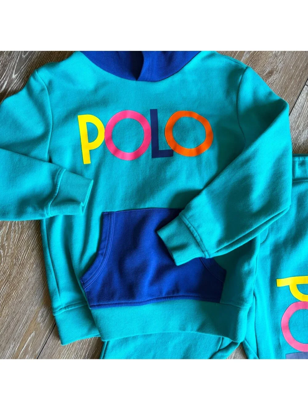 Polo Ralph Lauren Spectre Multi Color Logo Hoodie Aqua and Joggers size 7